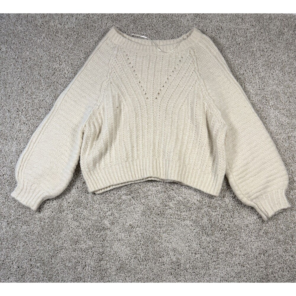 Free People We The Free Women S Ivory Cable Knit Balloon Sleeve Pullover Sweater